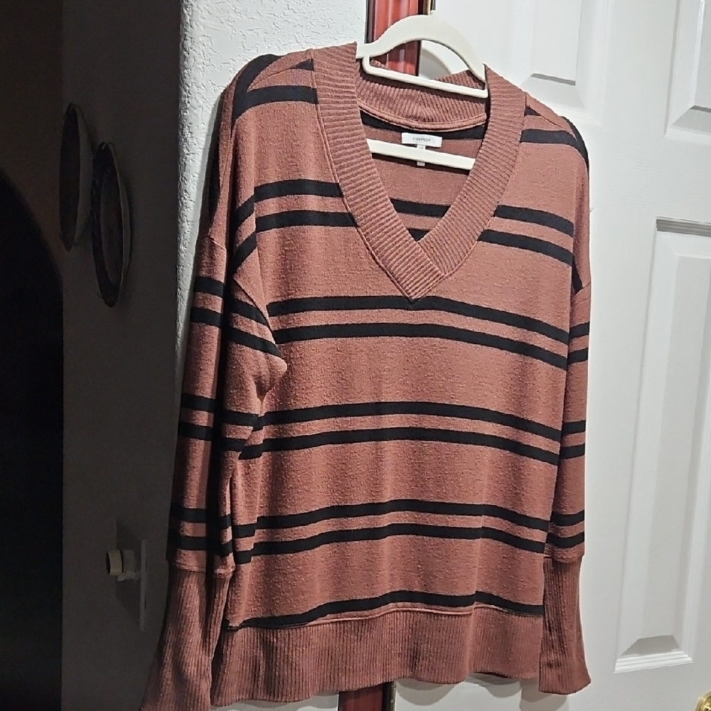 Maurices V-Neck Sweater - Tan and Black Stripes